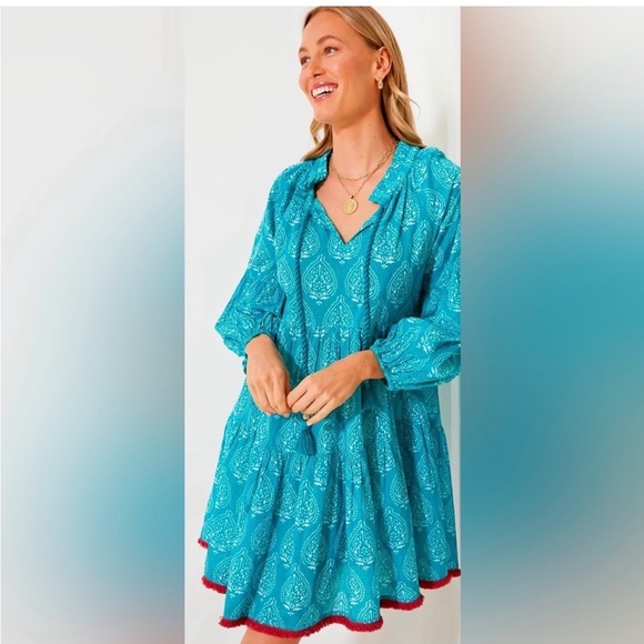 Tuckernuck Tropical Teal Lantern Block Print Tie Neck Dress - Picture 4 of 7